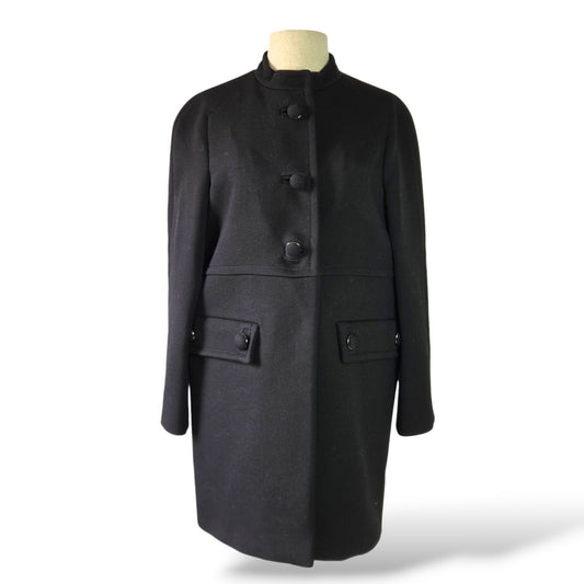 Pre-owned Prada black virgin wool single-breasted coat with mandarin collar, flap pockets and back tab detail, size 44 — available at Style Reissue Vancouver