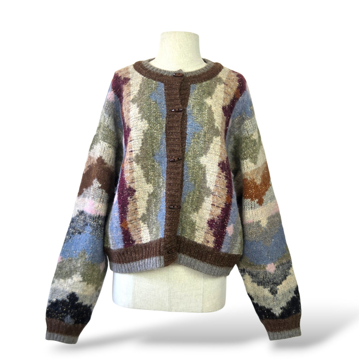 Pre-owned MOTHER The Soaring High Cardigan in Bumpy Trails — multicolour intarsia alpaca wool blend cardigan with toggle closures — available at Style Reissue Vancouver