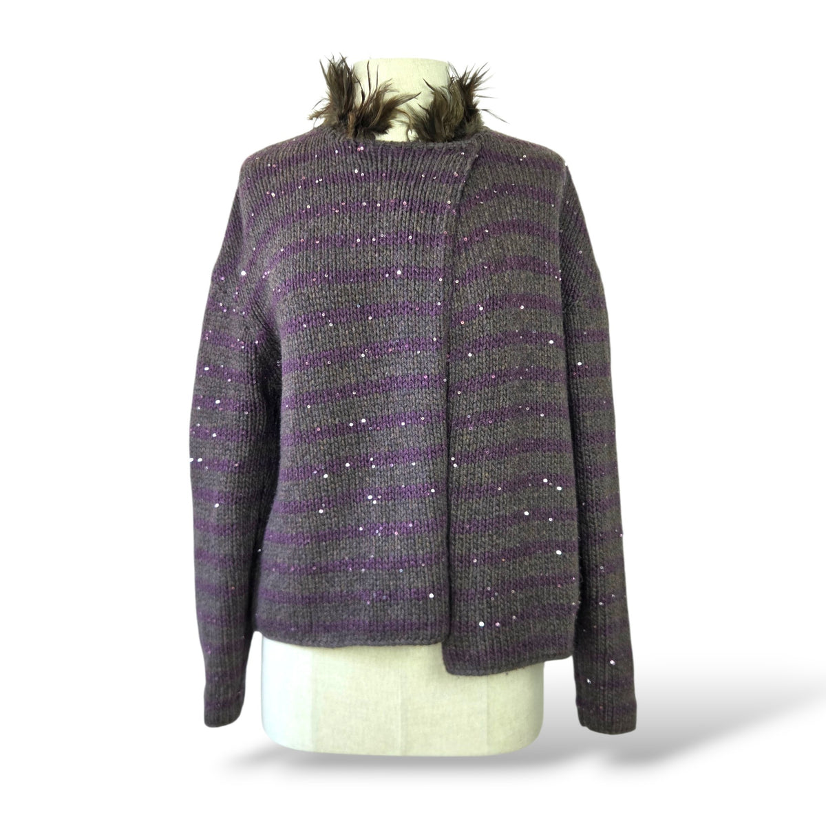 Pre-owned Brunello Cucinelli purple and grey cashmere sequin open-front cardigan with feather collar trim, size L — available at Style Reissue Vancouver