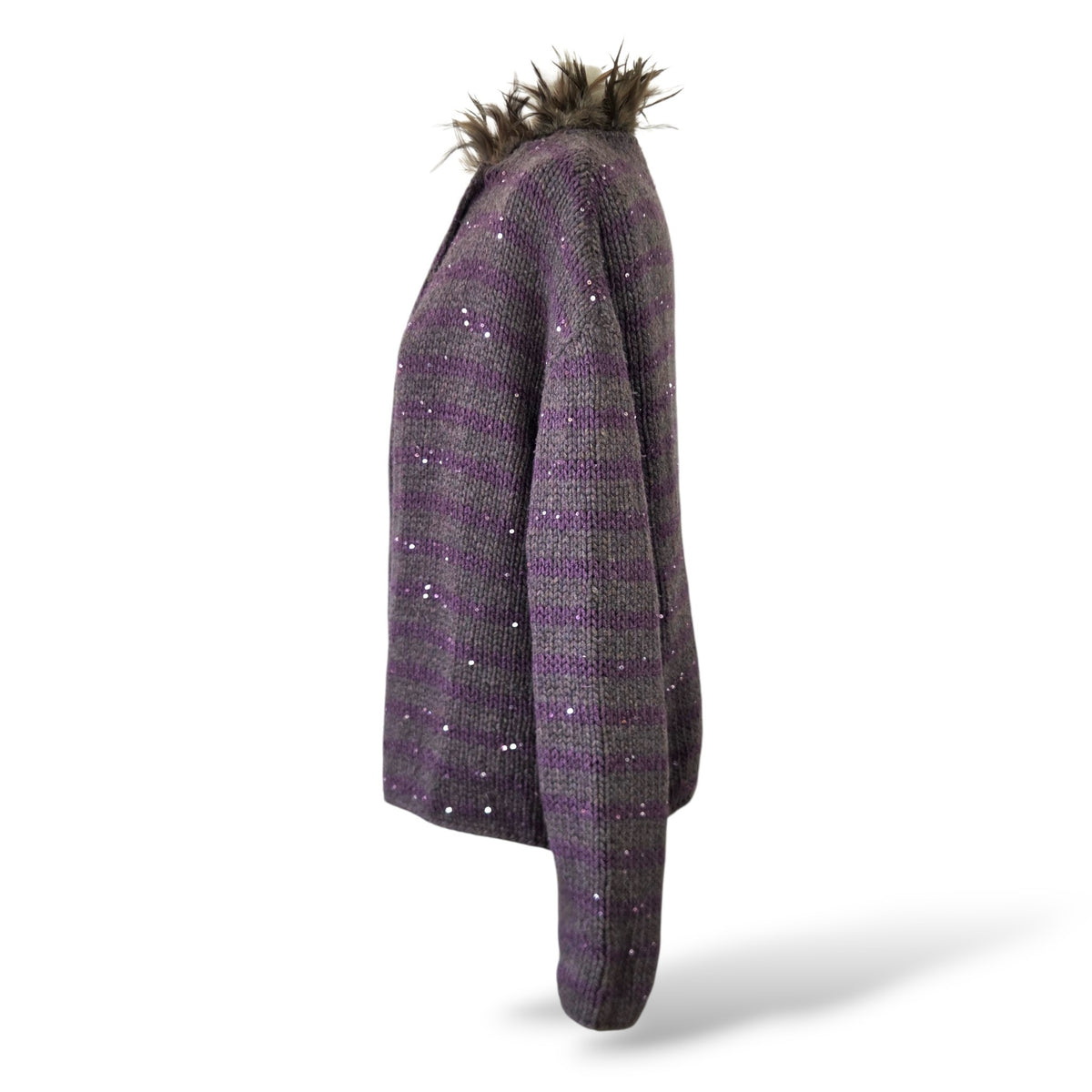 Pre-Owned Brunello Cucinelli Purple Grey Cashmere Sequin Sweater with Feather Collar Trim — Size L