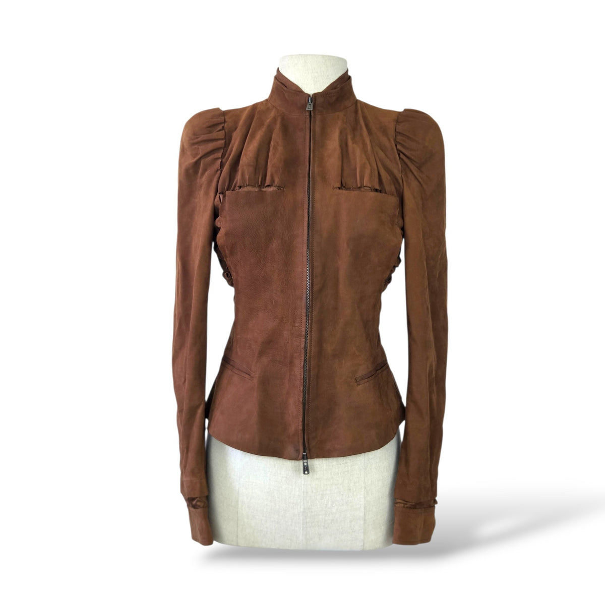 Pre-owned Saint Laurent brown genuine suede leather structured puff shoulder zip-front jacket with silk lining, size 38 — available at Style Reissue Vancouver