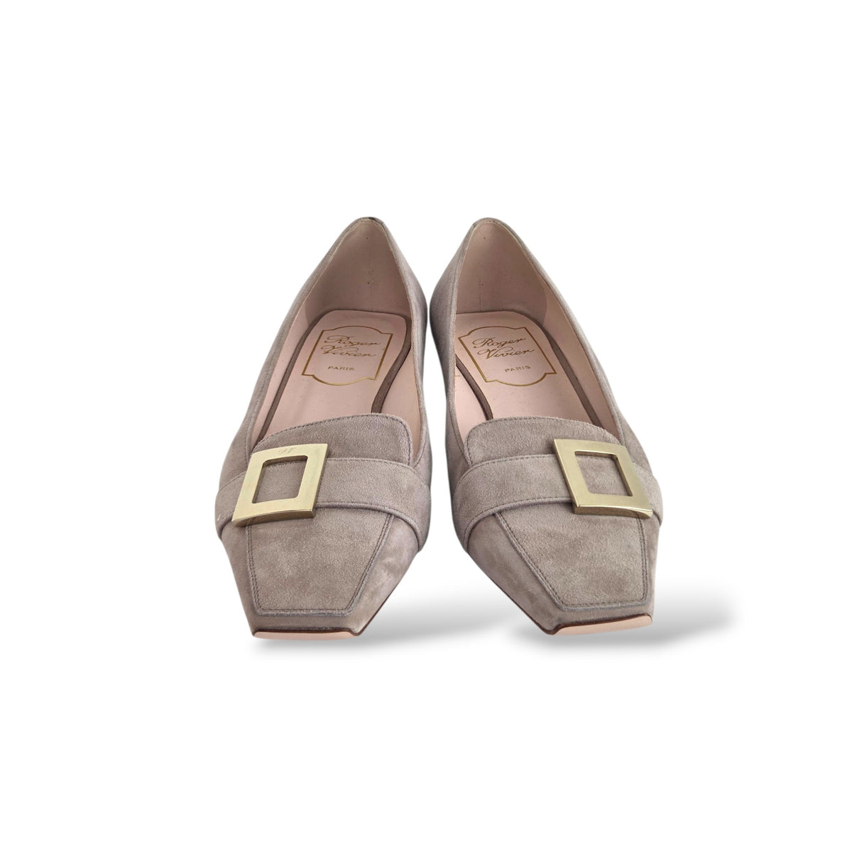 Pre-owned Roger Vivier soft pink suede loafers with polished gold-tone square buckle in pristine condition
