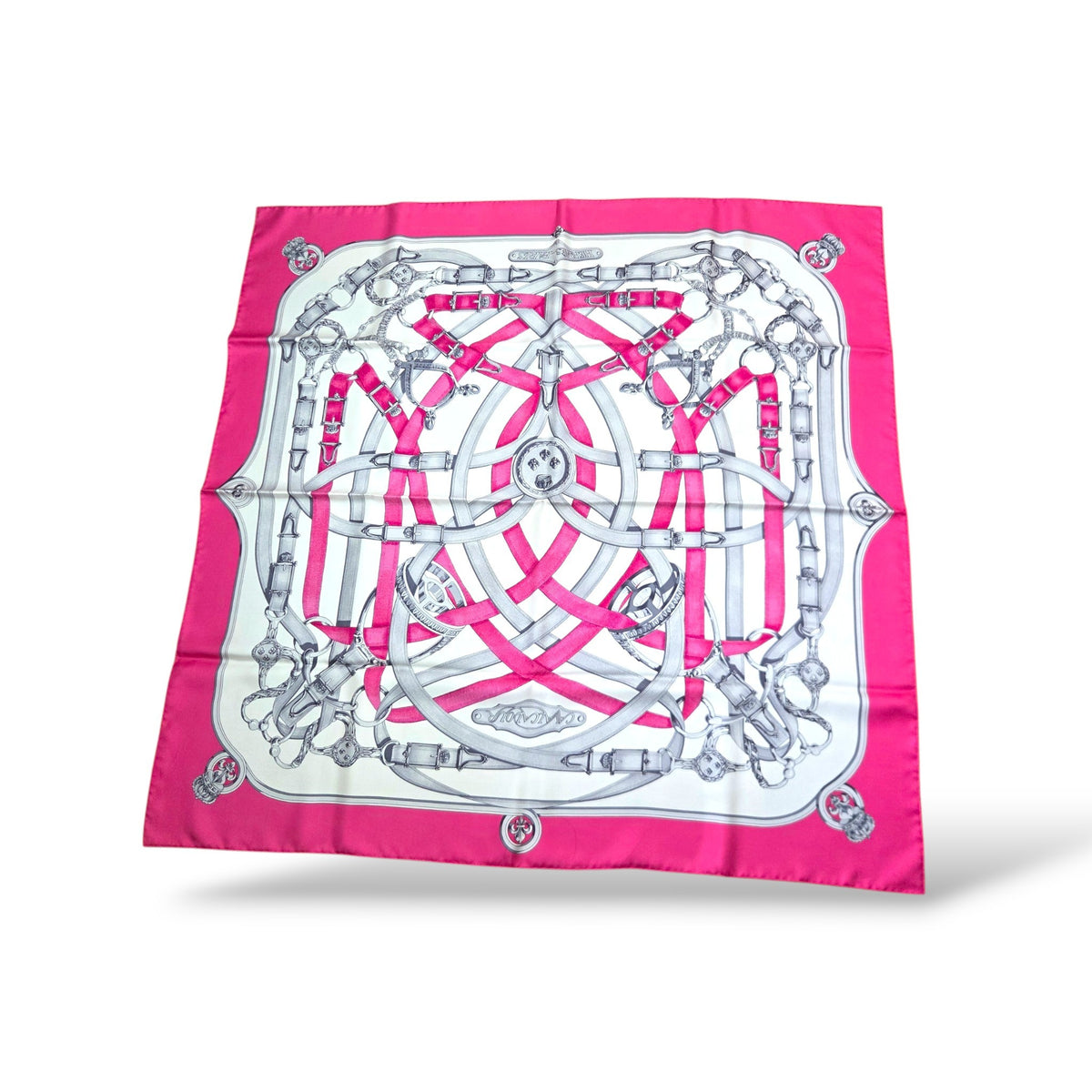 Pre-owned Hermès Cavalcadour Carré 90 hot pink silk scarf with white and grey equestrian strap and buckle motif

