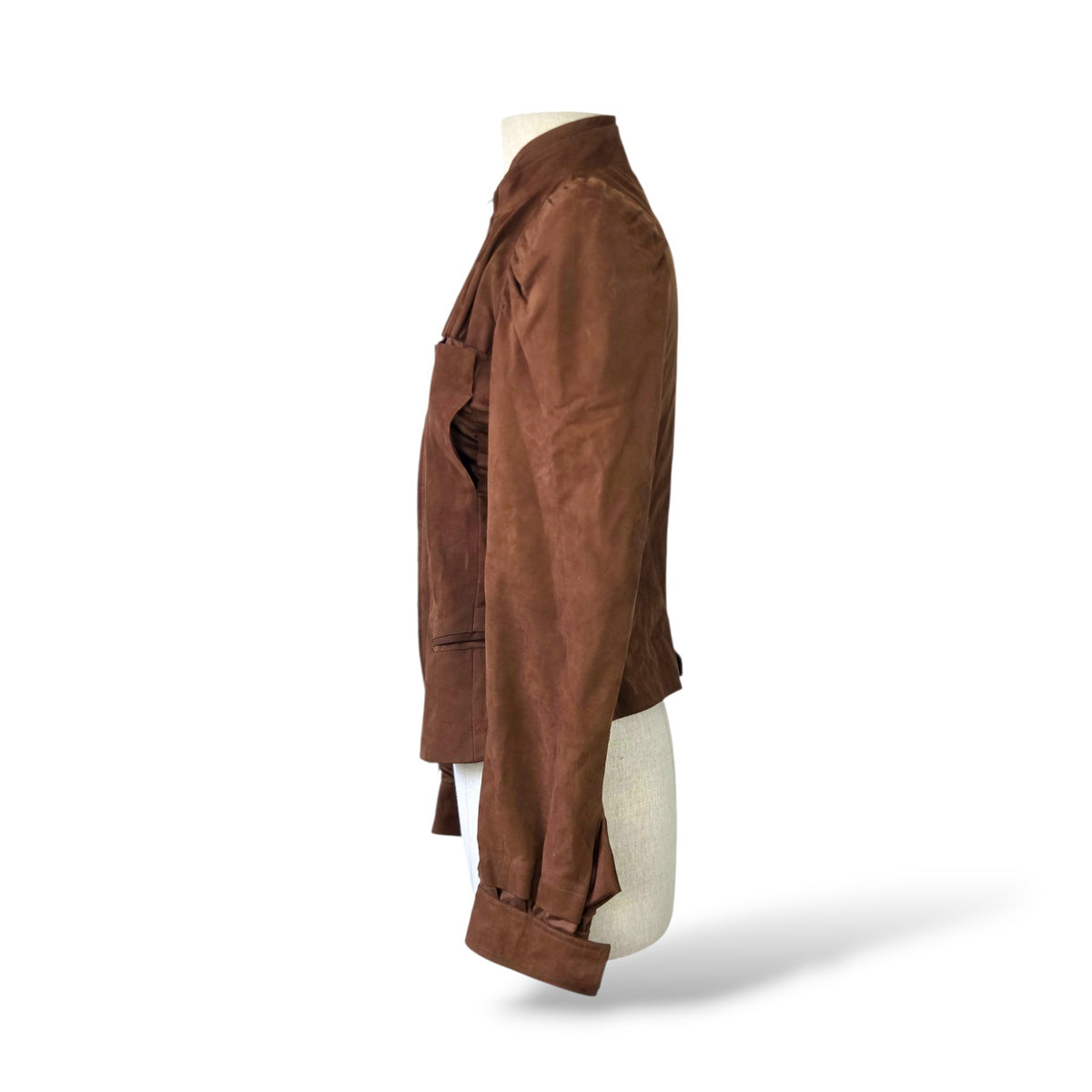 Pre-Owned Saint Laurent Brown Suede Leather Puff Shoulder Zip Jacket — Size 38