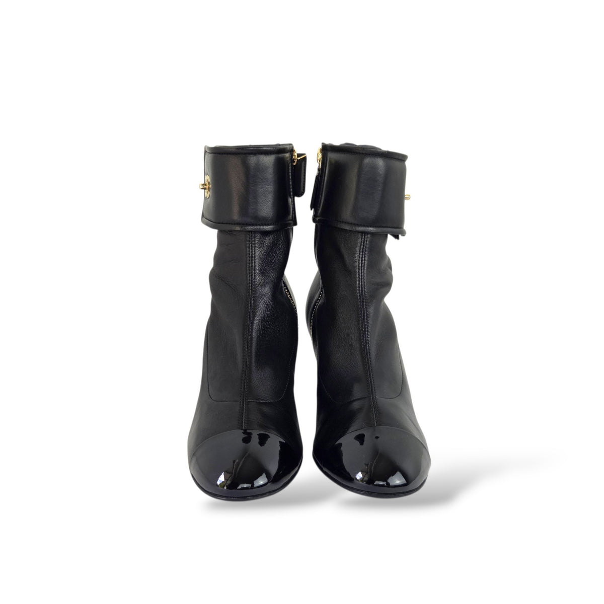 Pre-Owned Chanel Black Leather Fold-Over Cuff Ankle Boots with Gold CC Logo | EU 36