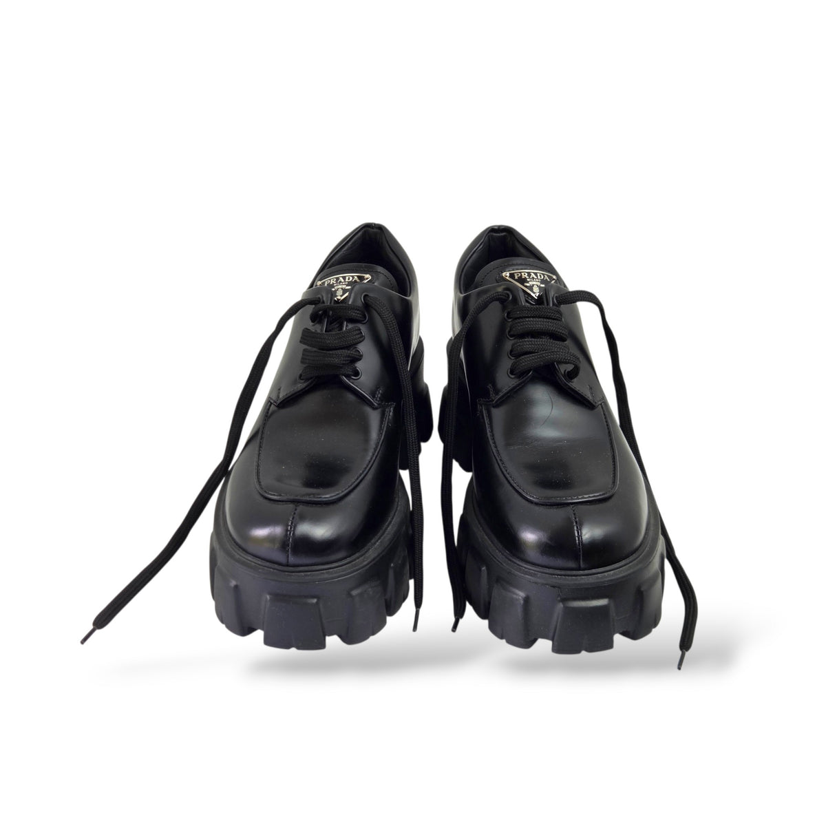 Pre-Owned Prada Black Monolith Patent Leather Platform Lace-Up Shoes