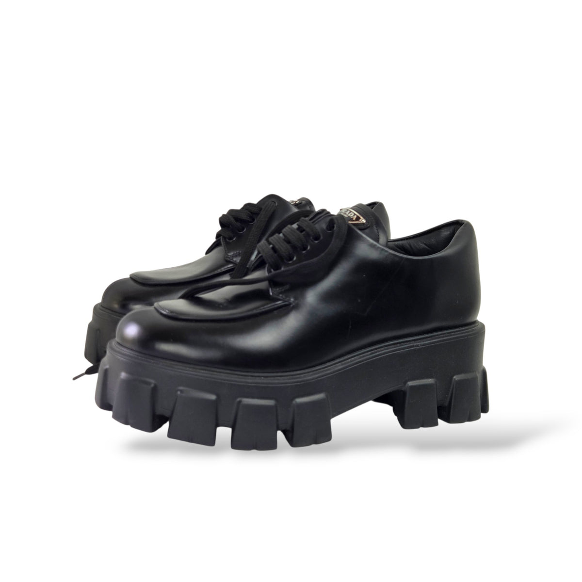 Pre-owned Prada Monolith black patent leather lace-up shoes with chunky rubber lug platform sole
