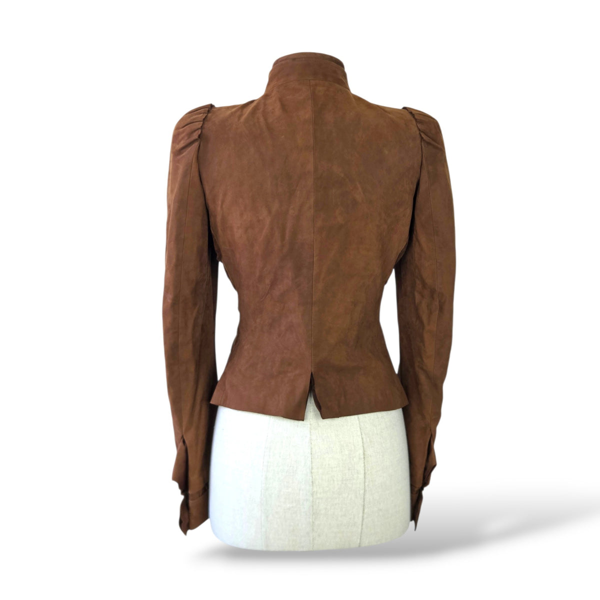 Pre-Owned Saint Laurent Brown Suede Leather Puff Shoulder Zip Jacket — Size 38