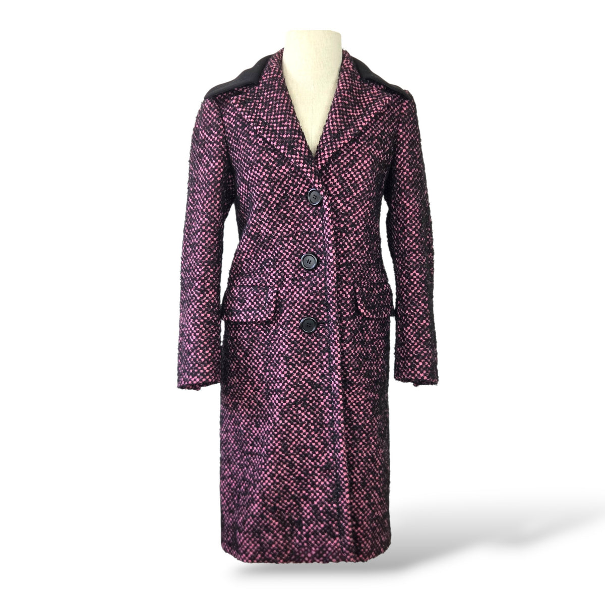 Pre-owned Prada pink and purple mohair virgin wool tweed single-breasted coat with leather collar trim and flap pockets, size 36 — available at Style Reissue Vancouver