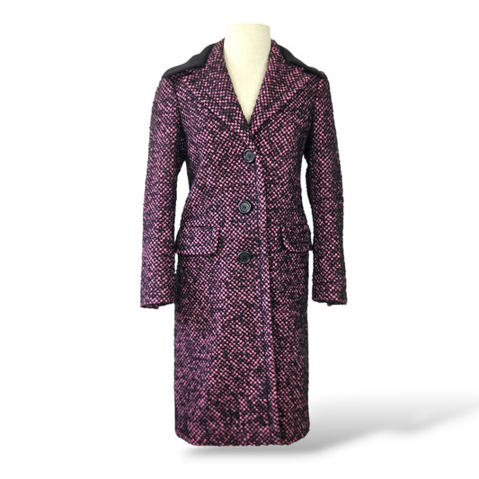 Pre-owned Prada pink and purple mohair virgin wool tweed single-breasted coat with leather collar trim and flap pockets, size 36 — available at Style Reissue Vancouver