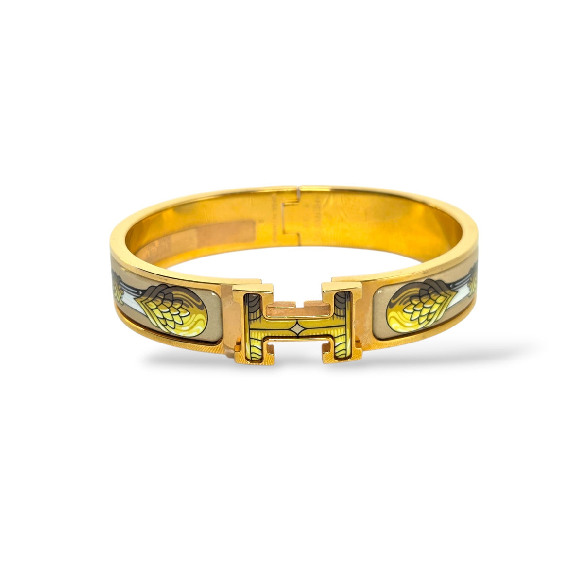 Pre-owned Hermès Clic Clac H PM printed enamel bracelet with Vliquetis Songe de Nuit patterned motif and polished yellow gold-plated H clasp
