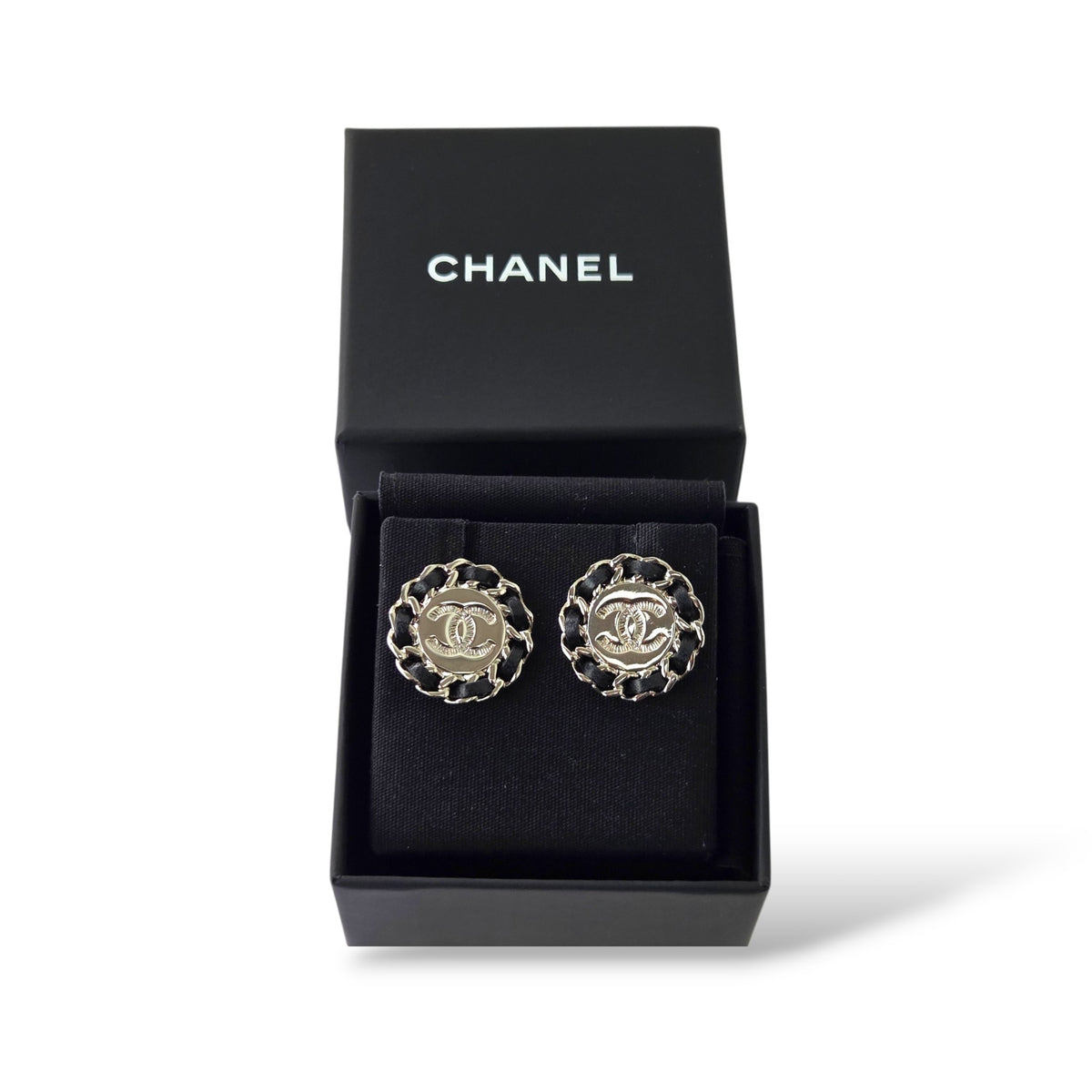 CC Round Stud Earrings with Woven Black Lambskin & Silver-Tone Chain Trim