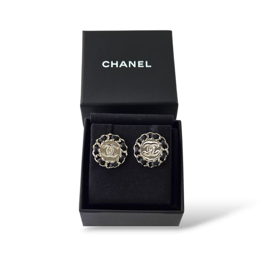 CC Round Stud Earrings with Woven Black Lambskin & Silver-Tone Chain Trim