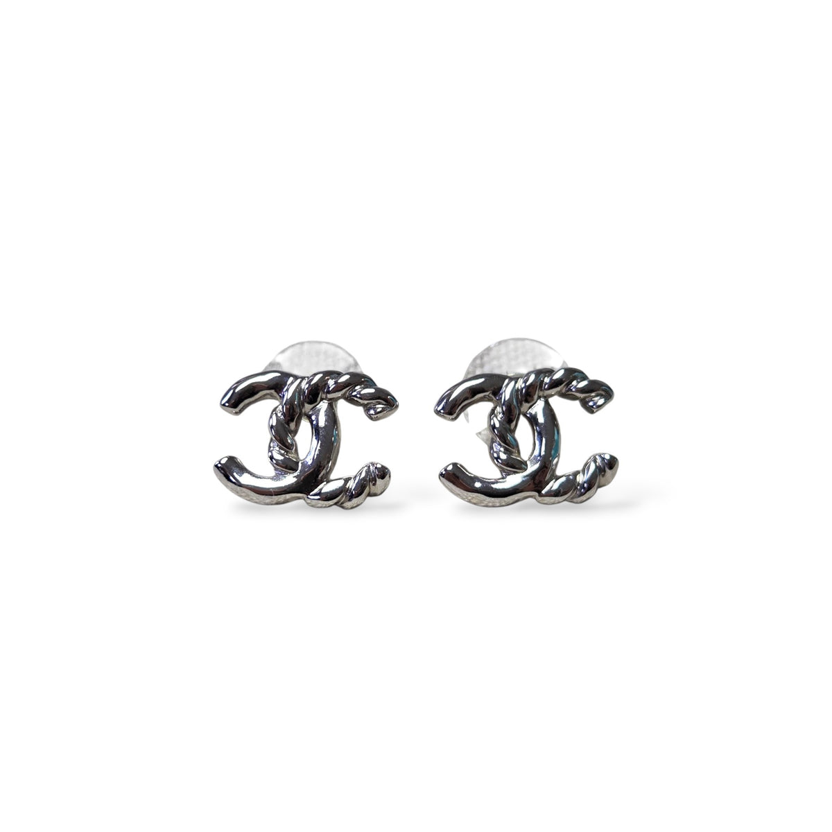 Silver-Tone Twisted CC Logo Stud Earrings with Box