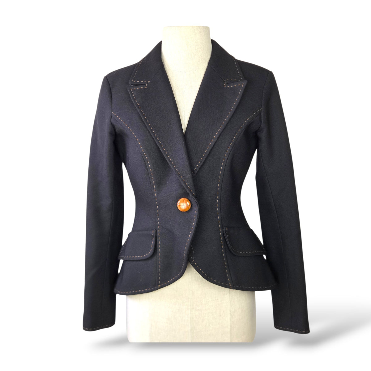 Pre-owned SMYTHE Les Vestes dark wool tailored blazer with contrast topstitching, sculptural curved front panels, peaked lapels, and tan statement button, size US 8, made in Canada