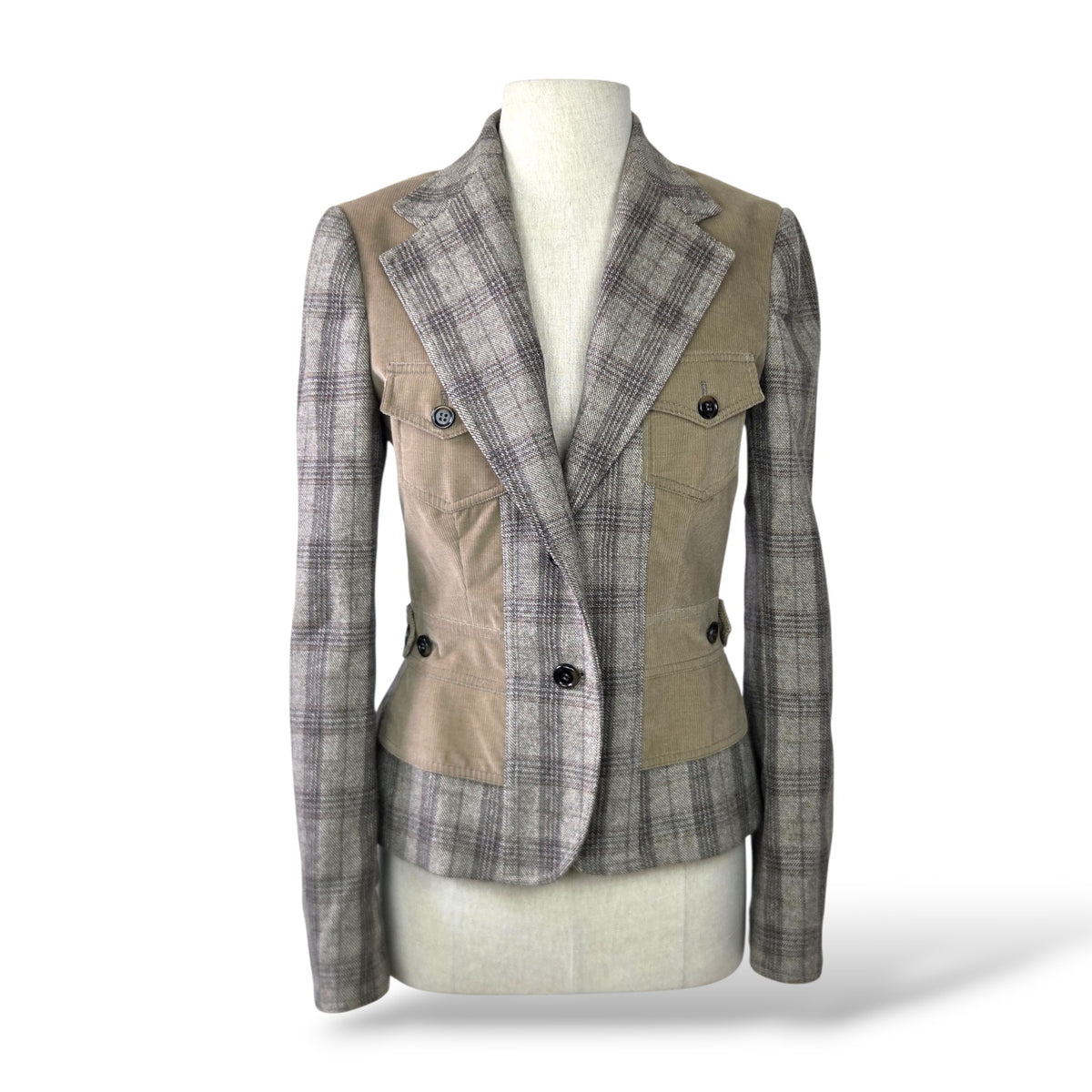 Pre-owned Dolce & Gabbana grey and taupe plaid wool-blend jacket with contrasting utility-style flap pockets, notched lapels, and button closure, size IT 42, made in Italy