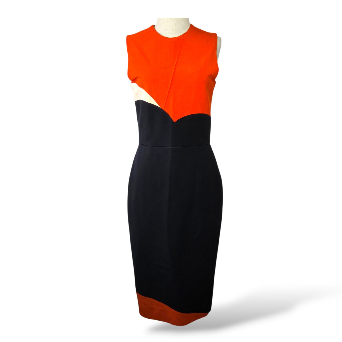 Pre-owned Victoria Beckham sleeveless heart colorblock sheath dress in black, orange, and cream viscose-blend stretch knit, size US 8, made in England