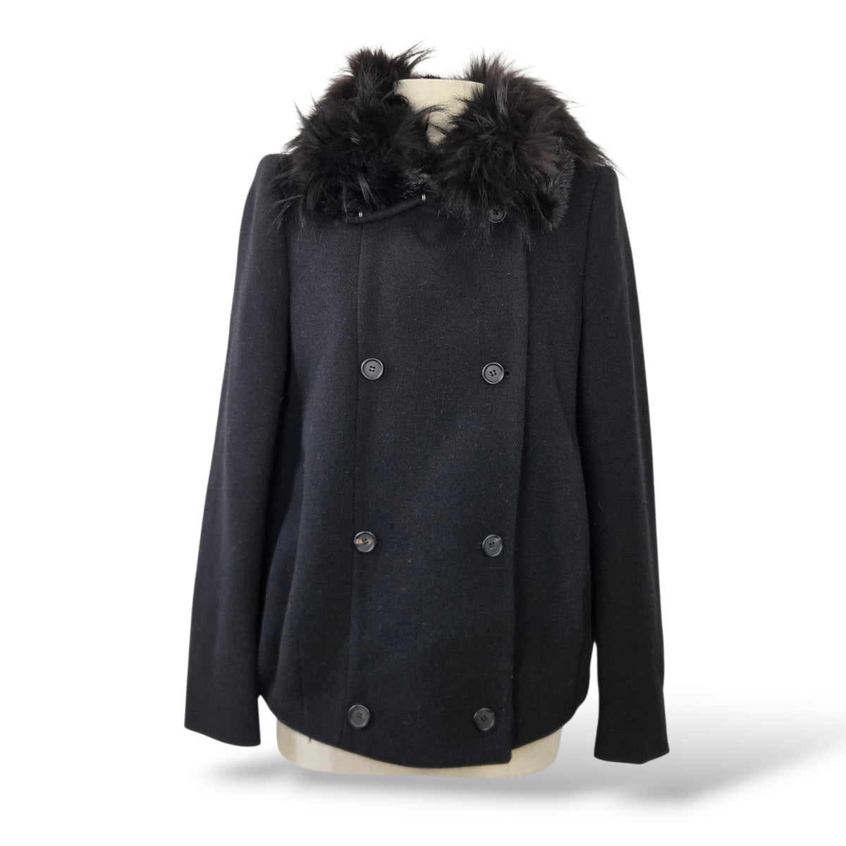 Pre-owned Prada Fall Winter 2009 black double-breasted wool pea coat with a dyed Asiatic raccoon and mink fur collar, size IT 42, made in Italy