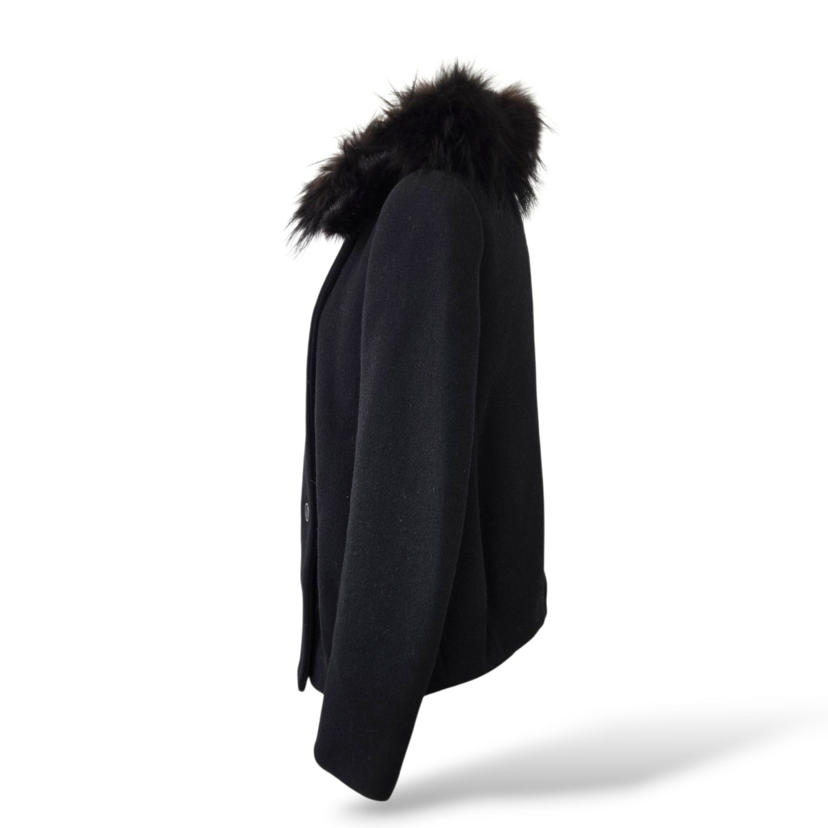 Pre-Owned Prada FW 2009 Black Double-Breasted Wool Pea Coat with Dyed Raccoon and Mink Fur Collar