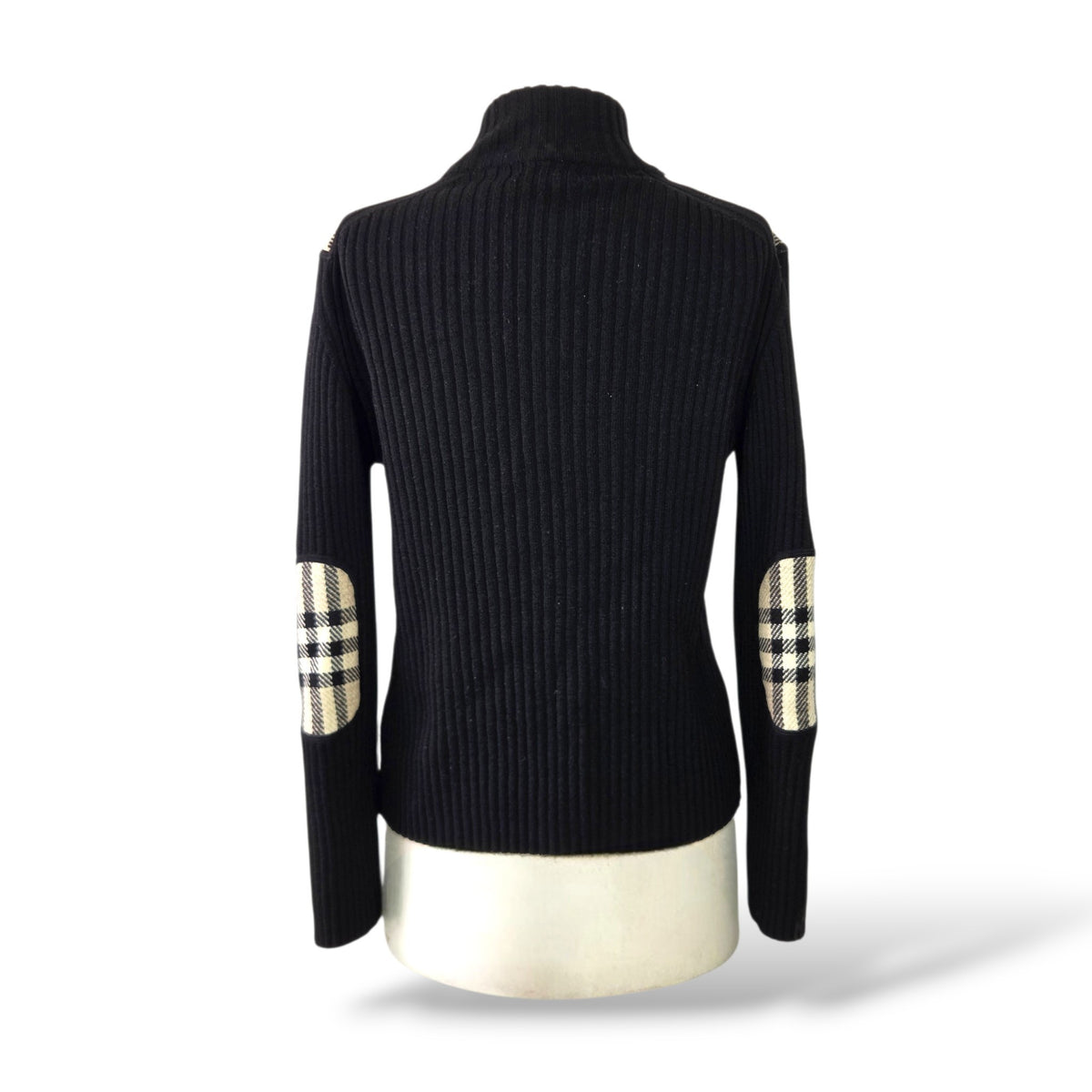 Pre-Owned Burberry Black Rib-Knit Zip-Up Drivers Cardigan with Check Shoulder Panels