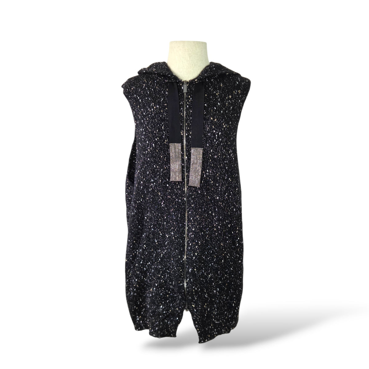 Pre-owned Fabiana Filippi black and white speckled knit hooded zip-front vest with wide grosgrain drawstrings and nickel-free eco-brass metallic details, size IT 42 or small