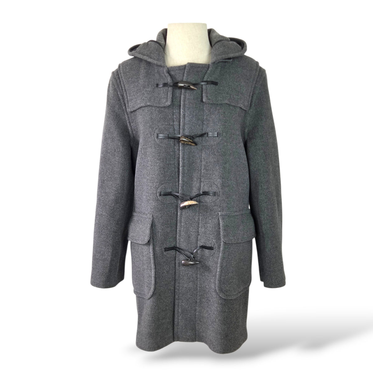 Pre-owned Burberry London Minstead charcoal grey 100% wool hooded duffle coat with horn toggles, leather loops, flap patch pockets, and adjustable cuff tabs, made in England