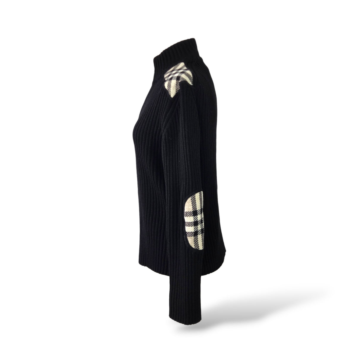 Pre-Owned Burberry Black Rib-Knit Zip-Up Drivers Cardigan with Check Shoulder Panels