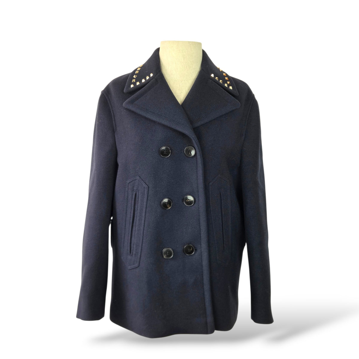 Pre-owned Valentino navy blue wool double-breasted peacoat with metallic Rockstud embellishments along notch lapels, size US 6, made in Italy