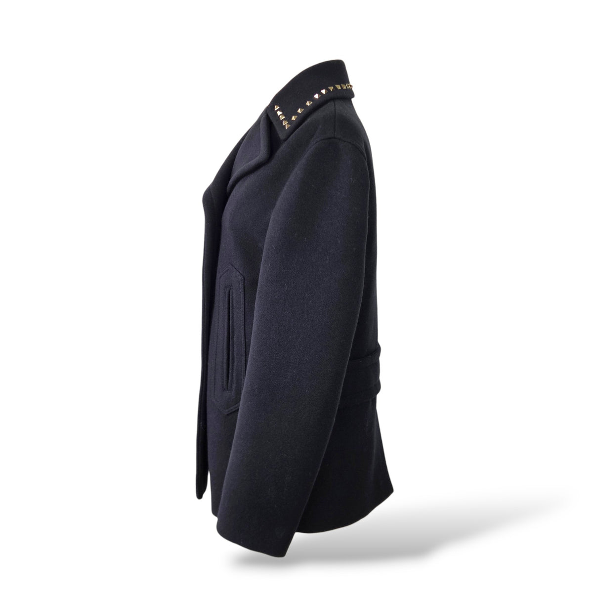 Pre-Owned Valentino Navy Blue Rockstud Wool Peacoat with Studded Lapels