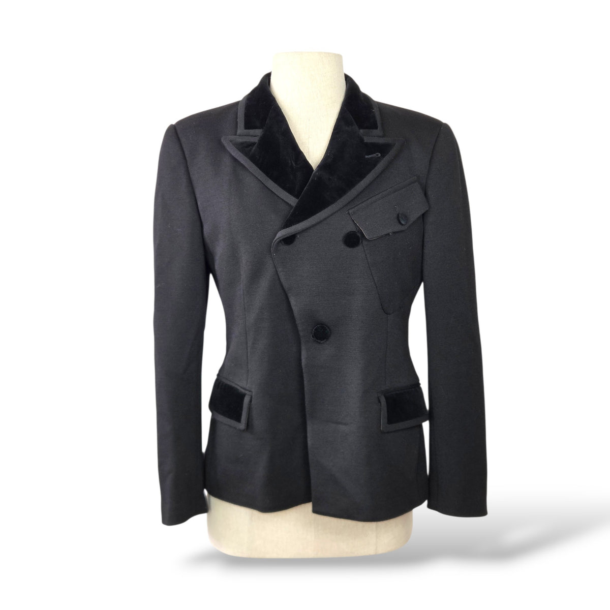 Pre-owned Jean Paul Gaultier Classique black tailored double-breasted jacket with velvet lapels, chest pocket, and velvet-trimmed flap pockets, size IT 42, made in Italy