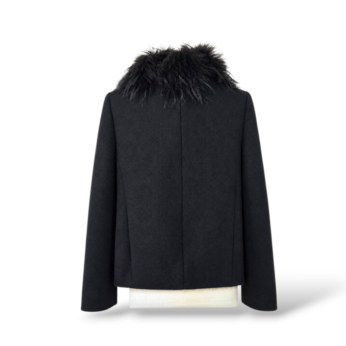 Pre-Owned Prada FW 2009 Black Double-Breasted Wool Pea Coat with Dyed Raccoon and Mink Fur Collar