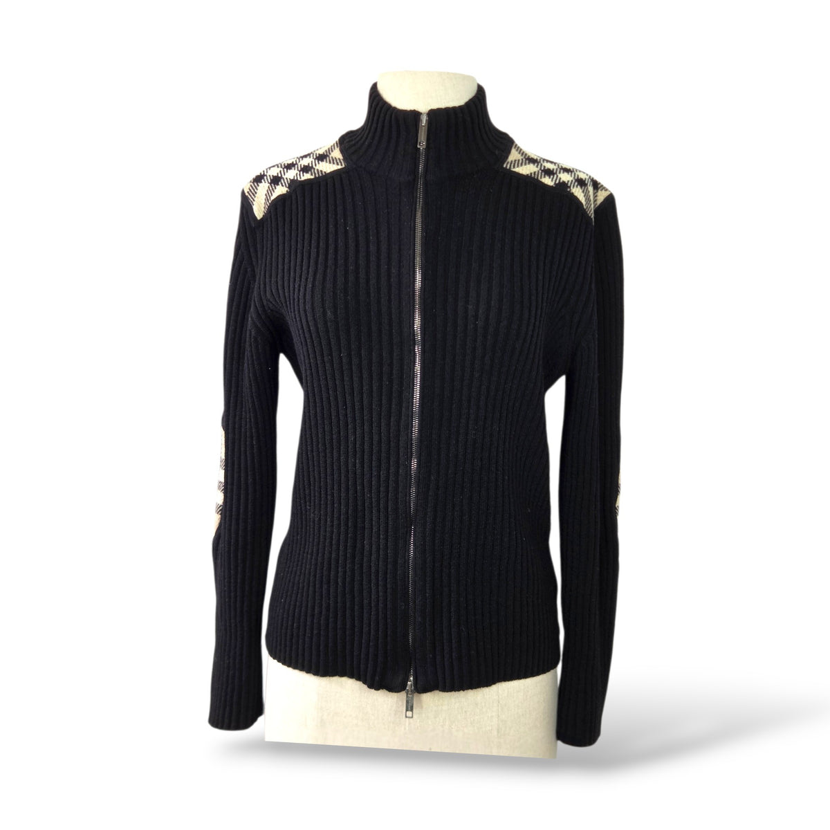 Pre-owned Burberry black rib-knit zip-up drivers cardigan with signature check shoulder panels and funnel neck, size L, made in Italy