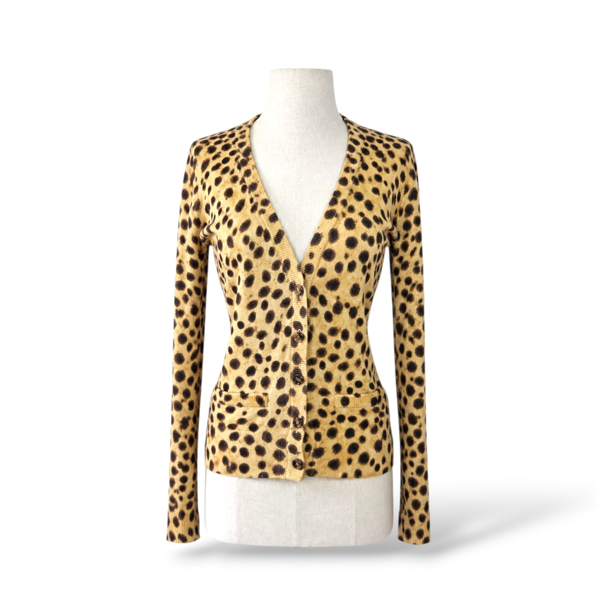 Pre-owned Dolce & Gabbana brown leopard-print 100% cashmere V-neck cardigan with button closure and front patch pockets, size IT 40, made in Italy