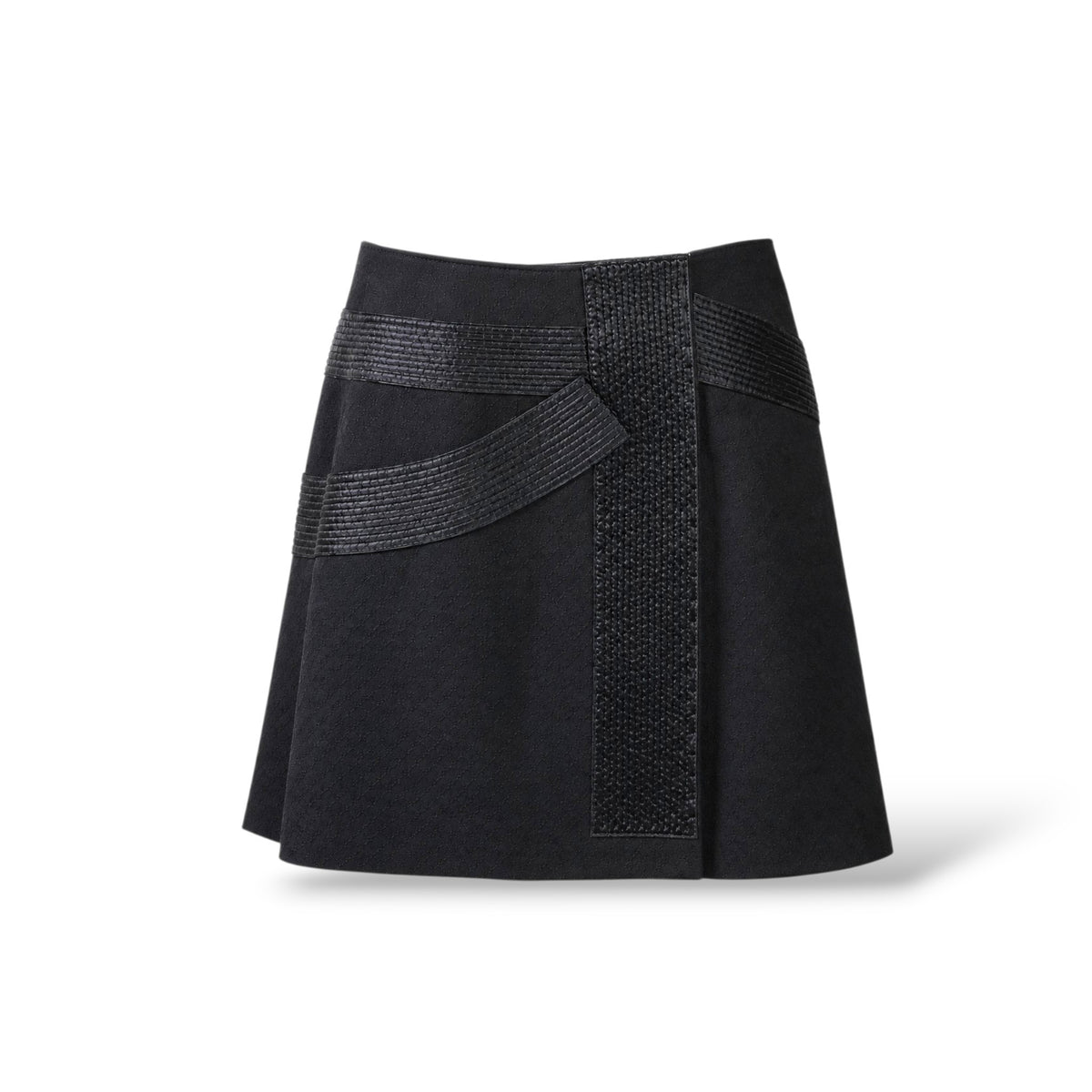 Pre-owned Prada black 100% virgin wool detachable-panel wrap kilt skirt with layered strap detailing, size IT 44, made in Italy