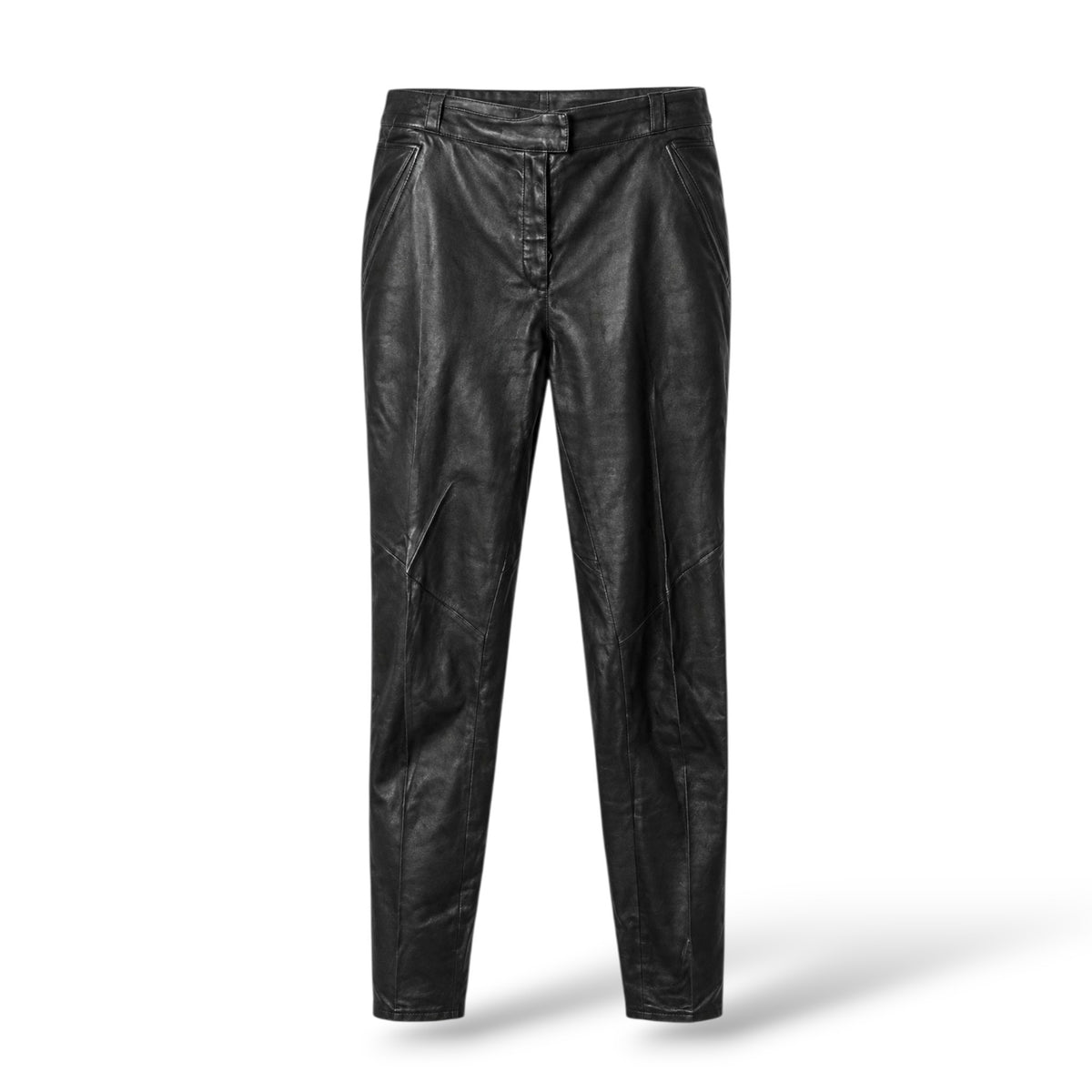 Pre-owned Givenchy black lamb leather trousers with subtle paneled leg detailing and stretch cotton-blend lining, size IT 44, made in Turkey