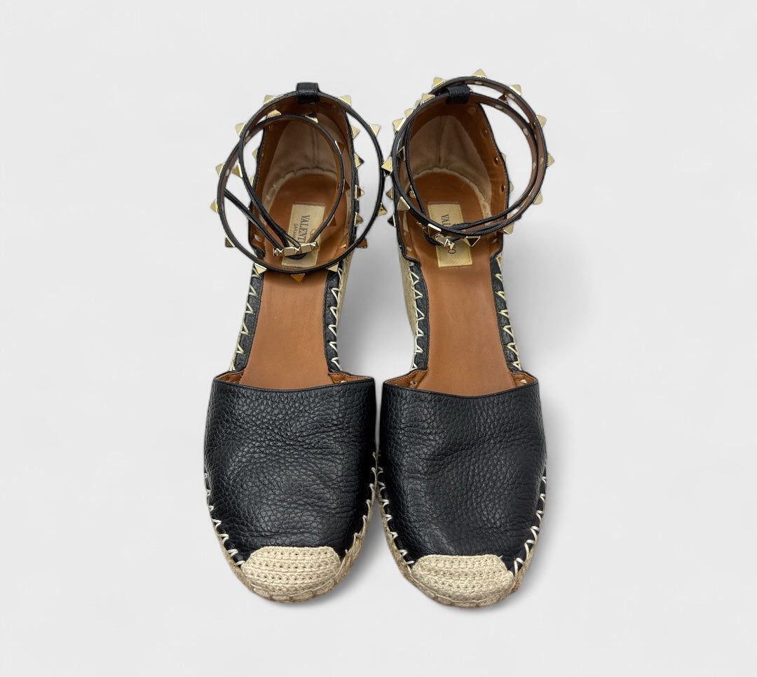 Valentino Garavani Rockstud Double Leather Wedge Espadrilles Size 40