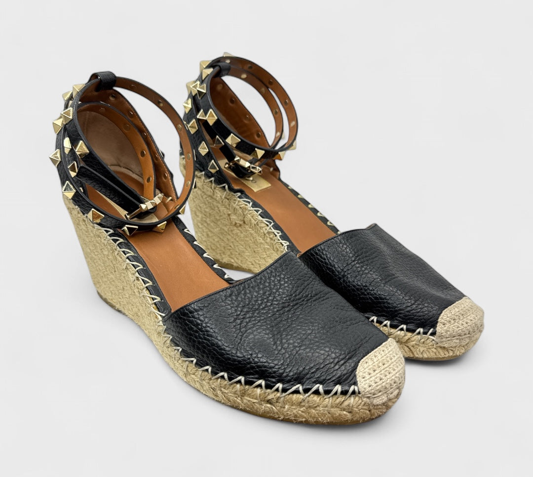 Valentino Garavani Rockstud Double Leather Wedge Espadrilles Size 40