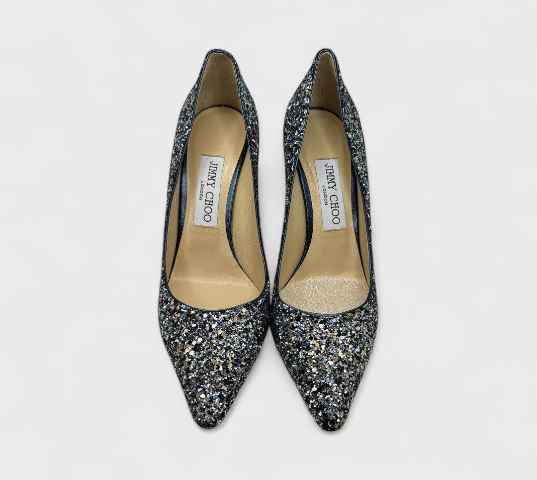 JIMMY CHOO Romy 85 Coarse Glitter Fabric Pumps Size 38
