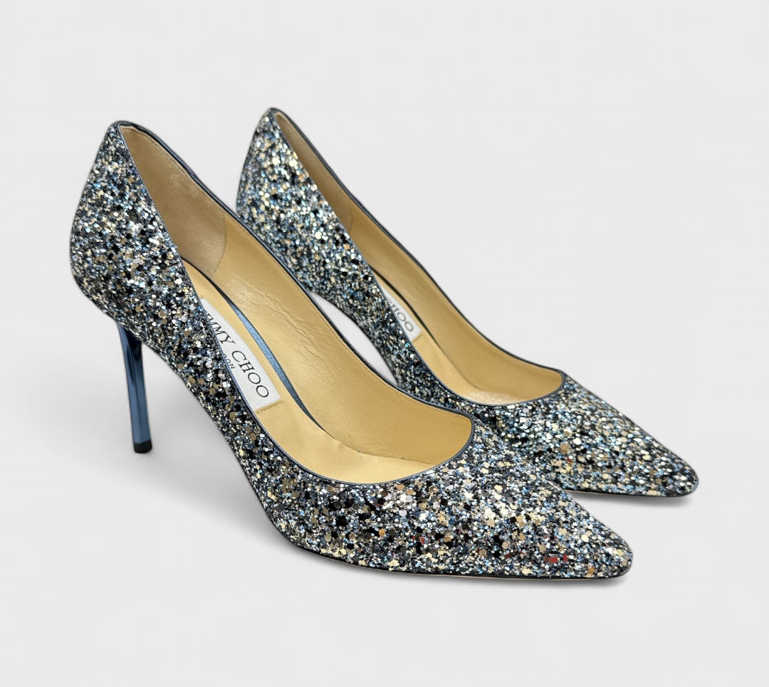JIMMY CHOO Romy 85 Coarse Glitter Fabric Pumps Size 38