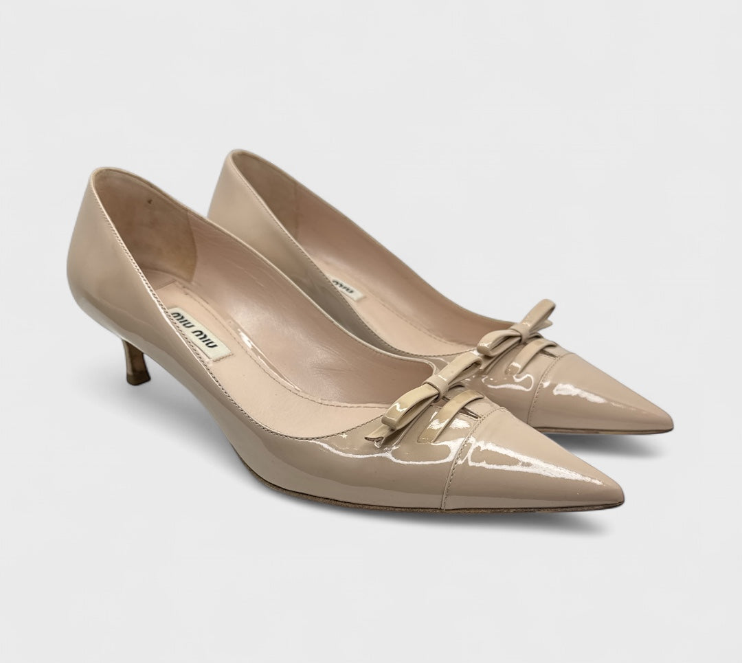 Miu Miu Pointed Kitten Heel Pumps in Nude Patent Leather Size 37