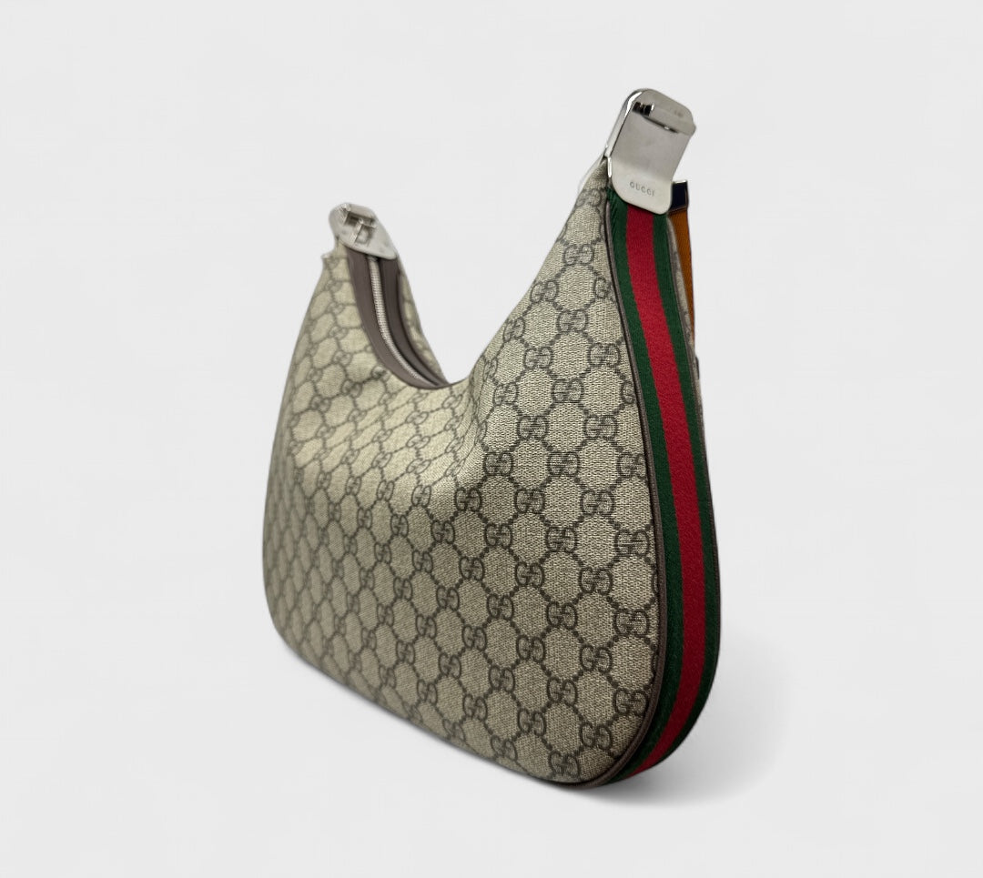 Gucci GG Supreme Monogram Textured Calfskin Web Large Attache Shoulder Bag