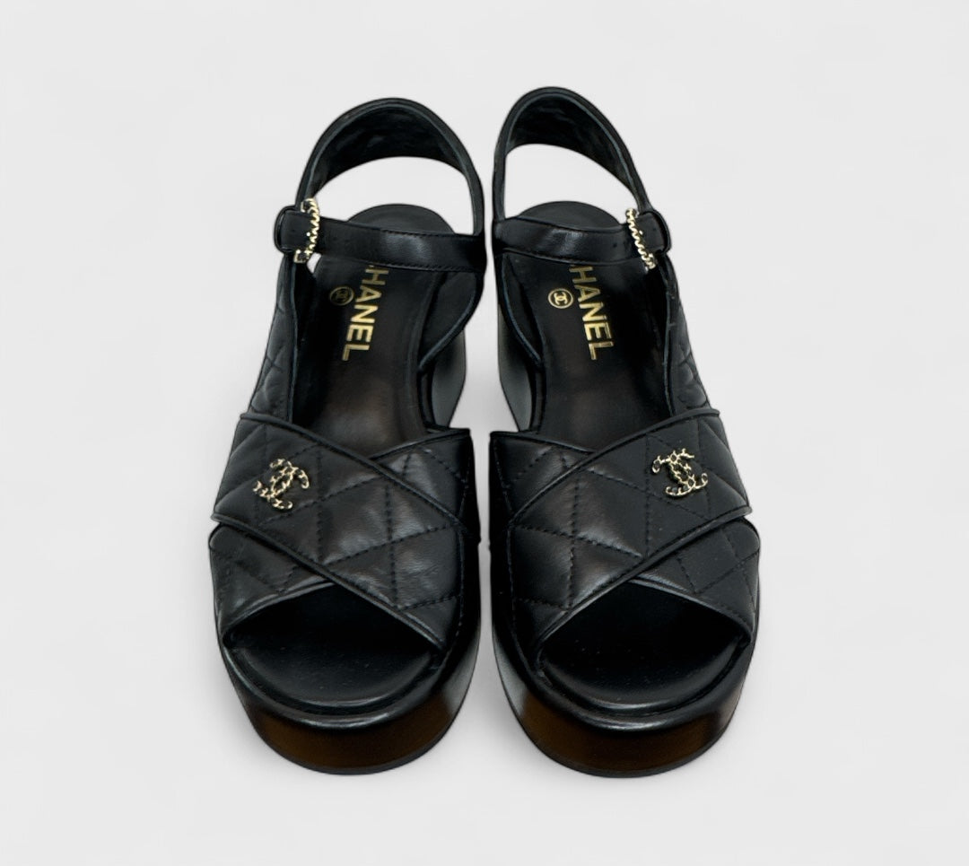 Chanel Lambskin Quilted CC Platform Sandals Black