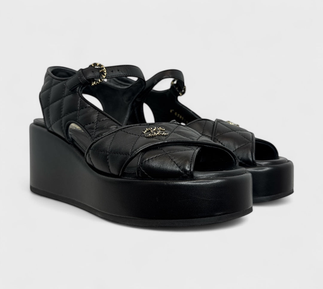Chanel Lambskin Quilted CC Platform Sandals Black
