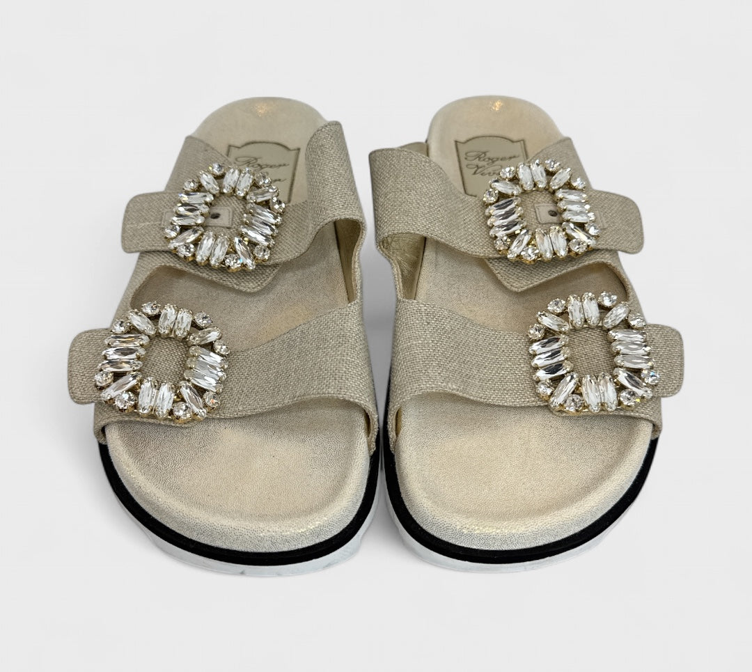 Roger Vivier Leather Tweed Pattern Slides Neutrals Sandals
