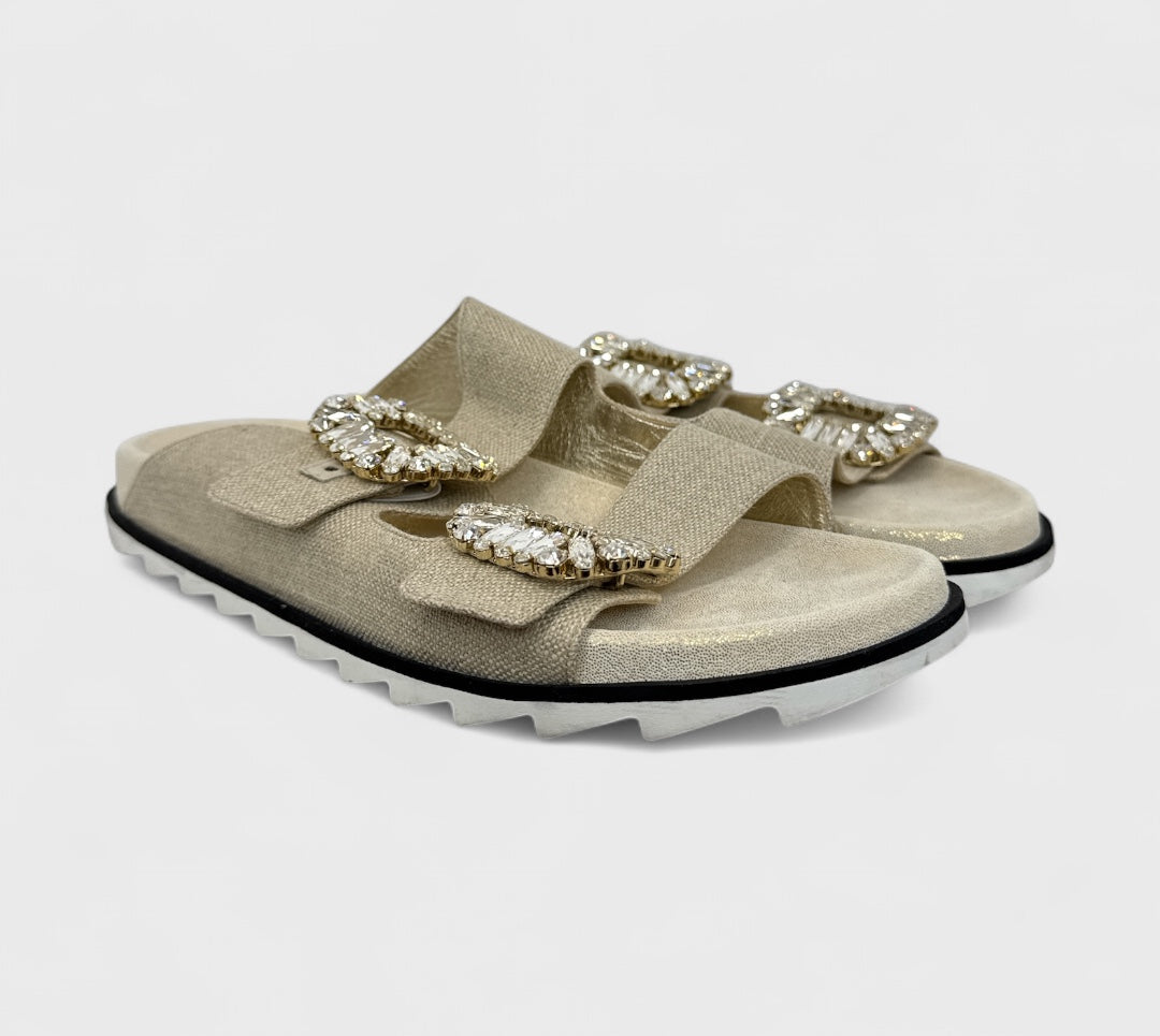 Roger Vivier Leather Tweed Pattern Slides Neutrals Sandals