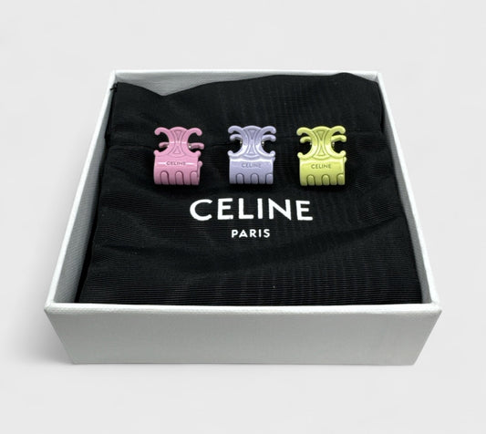 CELINE Set of 3 Triomphe Mini Hair Clips in Steel