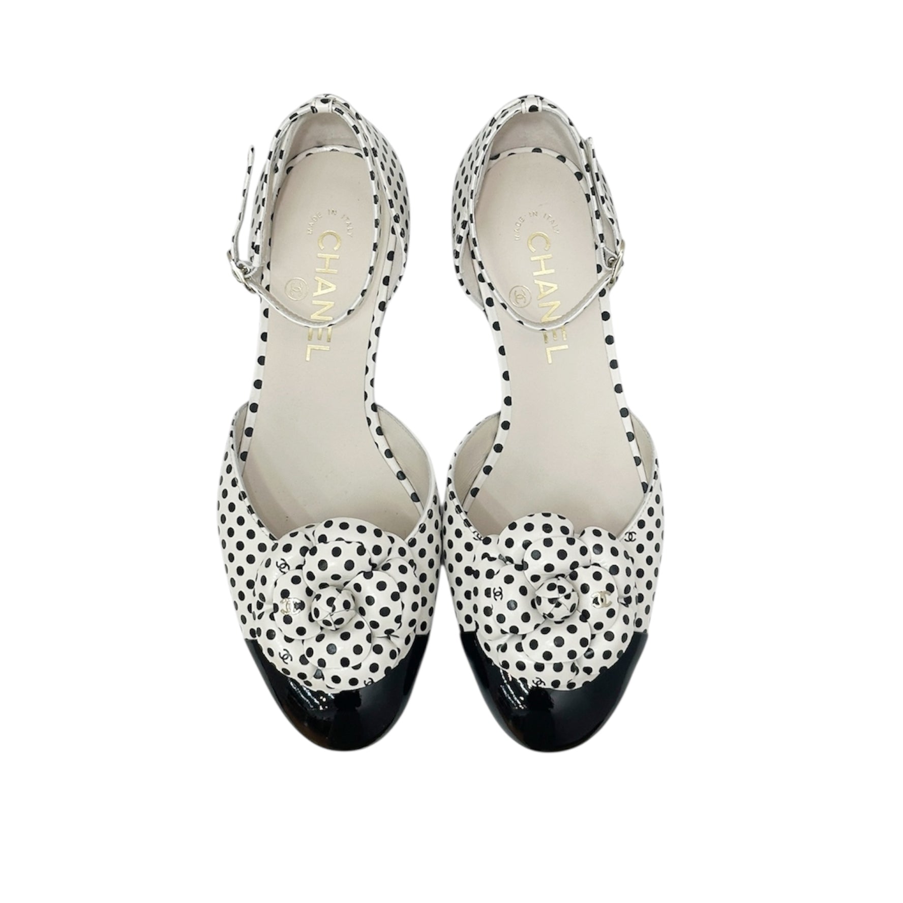 Chanel Polka Dot Camellia Flats – Black & White Leather Flower Shoes | Rare Designer Flats Made in Italy – Size 38C