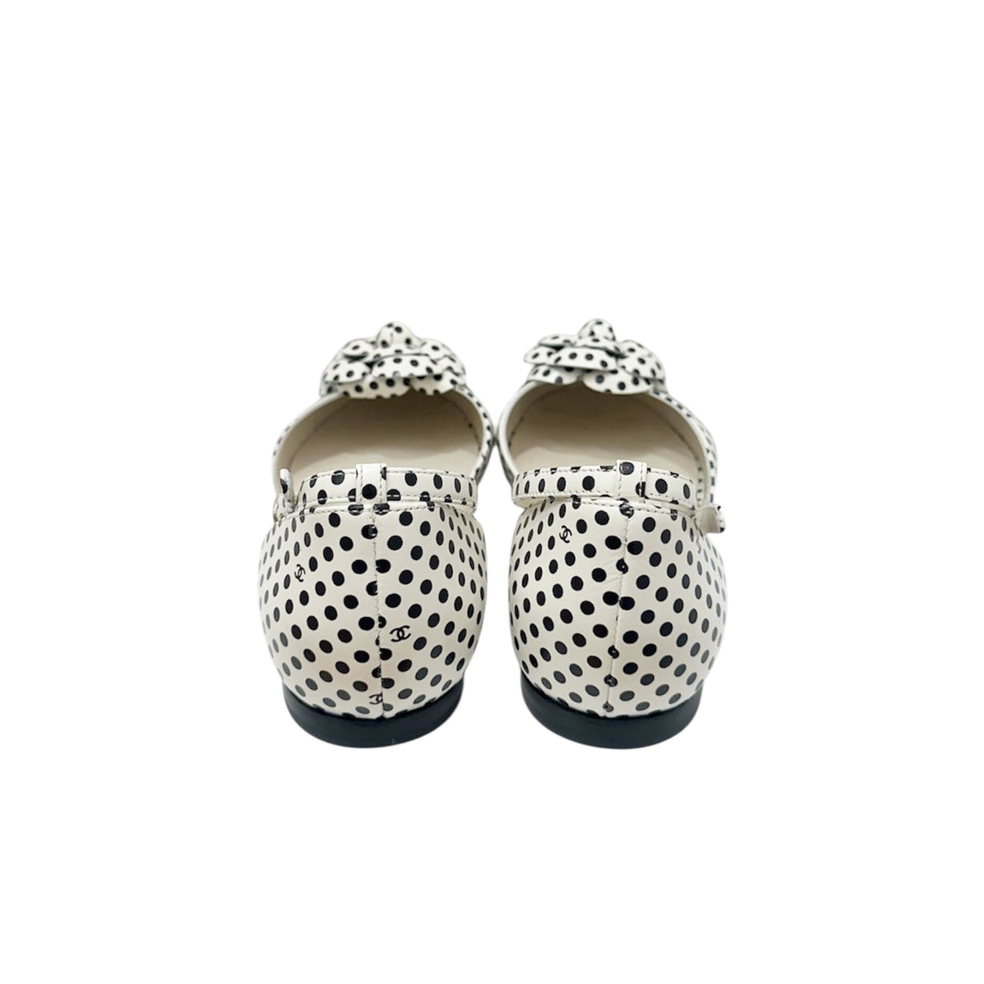 Chanel Polka Dot Camellia Flats – Black & White Leather Flower Shoes | Rare Designer Flats Made in Italy – Size 38C