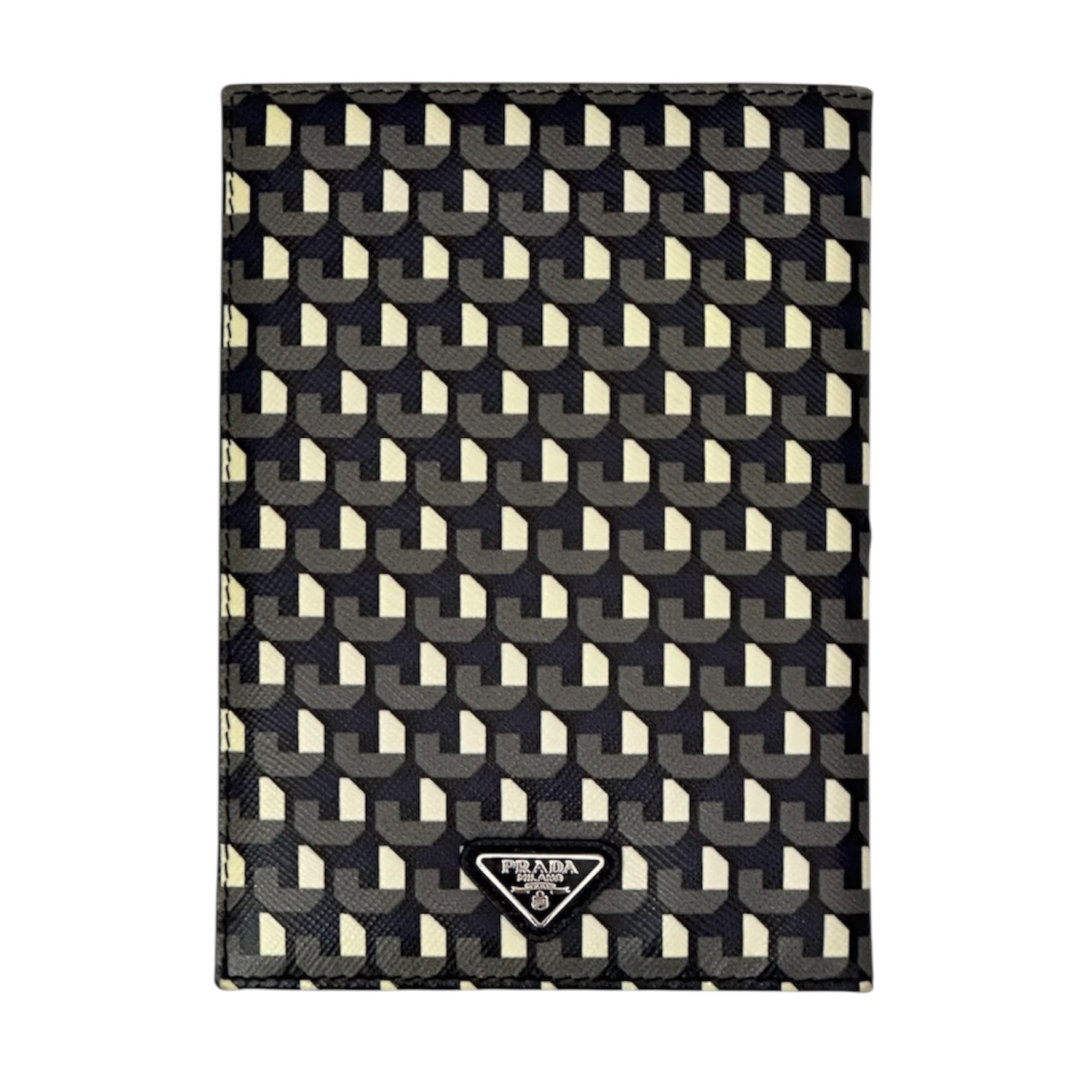 Prada Geometric Print Passport Holder – Black & Ivory Saffiano Leather Travel Wallet | Designer Travel Accessory