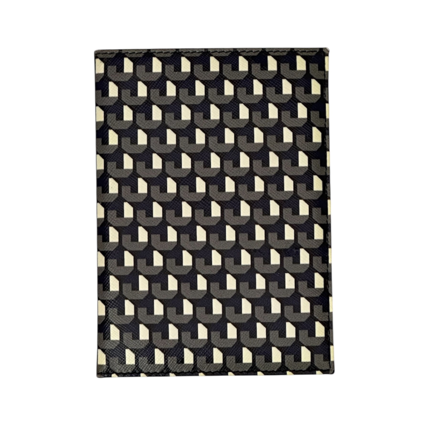 Prada Geometric Print Passport Holder – Black & Ivory Saffiano Leather Travel Wallet | Designer Travel Accessory